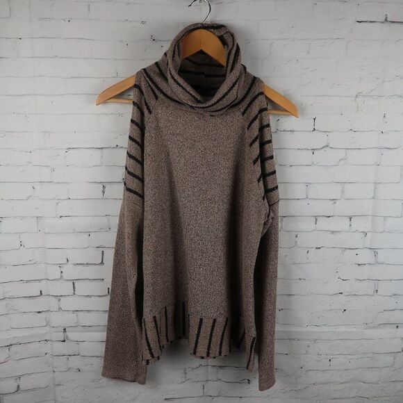 LAVENDER FIELD BROWN BLACK HEATHER BLACK STRIPE DETAIL COLD SHOULDER SWEATER L - Picture 1 of 7
